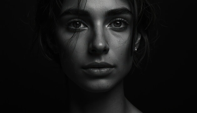Young woman portrait close up with dramatic low key lighting, natural skin texture
