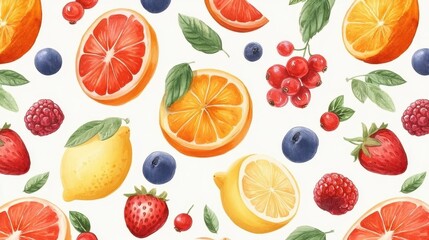 Naklejka premium Vibrant Watercolor Illustration of Colorful Citrus Fruits and Berries on a Light Background for Bright and Cheerful Design Projects