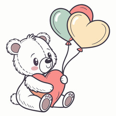 Teddy bear holding heart and balloons, Valentine gift. © Min