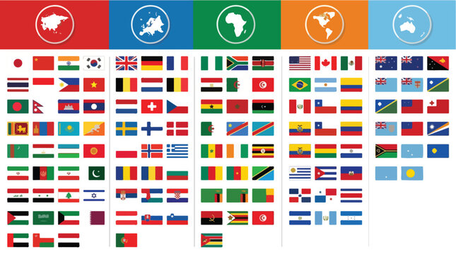 A comprehensive collection of national flags from various countries, neatly organized under continental world map icons.