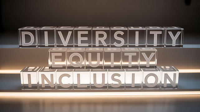 Glass blocks spelling diversity equity inclusion symbolizing creativity, art, and imagination