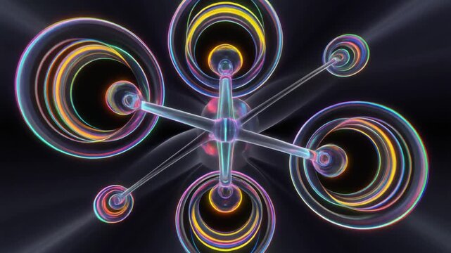 Pulsating geometric atom structure with vibrant rainbow energy rings, rotating seamlessly, symbolizing science, research, and atomic energy concepts