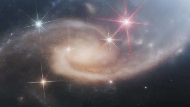Dynamic swirling galaxy with bright star clusters and nebulae in deep space, cinematic motion, representing cosmic wonder, the universe