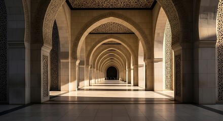 Obraz premium Grand arched hallway with intricate geometric patterns and sunlight casting long shadows creating a sense of depth and symmetry