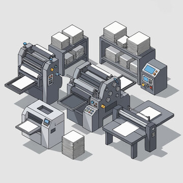 Industrial printing machines in a factory setting.