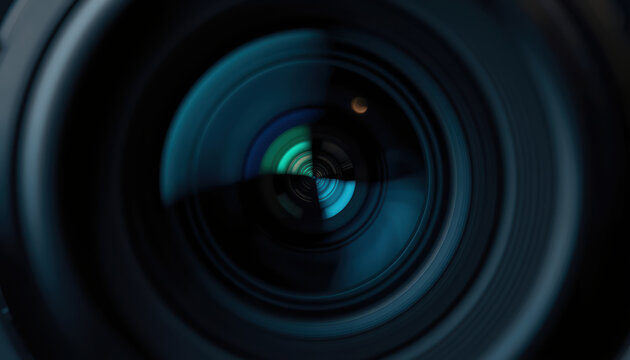 Camera lens close up with teal reflections and shallow depth of field, dramatic abstract