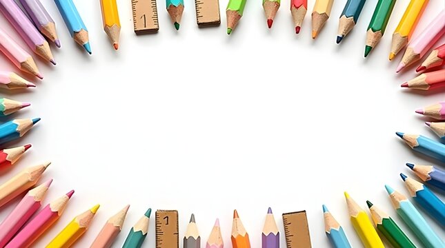 Circular arrangement of sharpened colored pencils in multiple shades with small wooden rulers framing empty white background, creating artistic composition for creative and educational projects