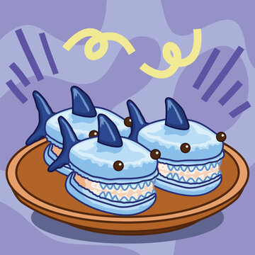 shark_macaron_wooden_plate_cute_dessert.eps
