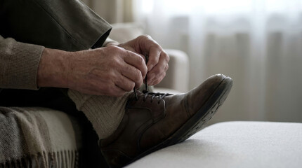 Fototapeta premium Close-up of an elderly person's hands tying shoelaces on a brown shoe, showcasing daily routine and independence.