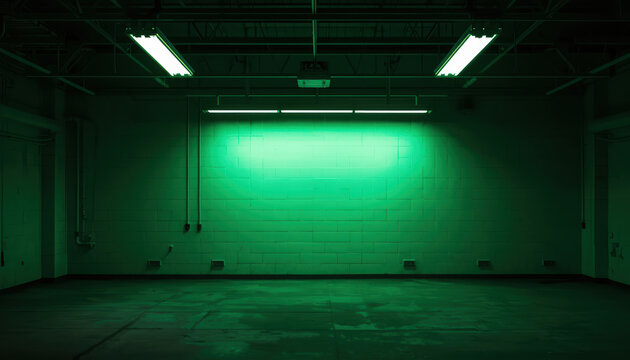 Empty industrial room with green fluorescent lighting casting moody glow