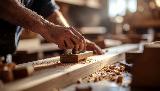 Craftsman working on wood closeup