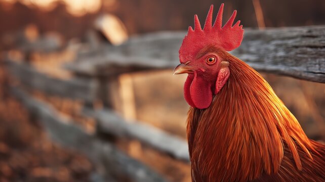 Golden hour portrait of a red rooster standing near a rustic wooden split rail fence
