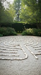 Naklejka premium Stone labyrinth path in a lush green garden leading to a tranquil natural landscape with trees and bushes on a sunny day
