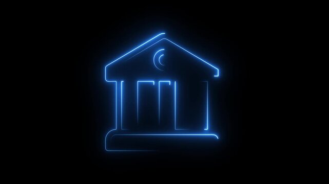 Blue Neon Outline of a Classical Building Icon on Black Background architecture government