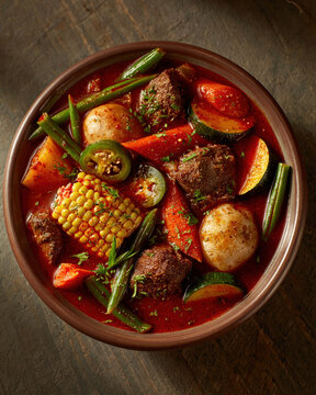 Hearty Mexican Beef Stew with Vegetables and Corn in Spicy Broth. AI generative.