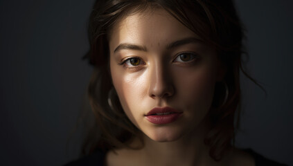 Fototapeta premium Young woman portrait with soft directional key light highlighting skin and contemplative