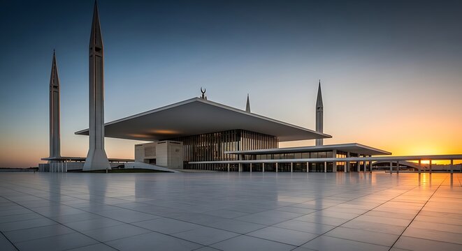 Faisal Mosque Islamabad Pakistan Modern Architecture Landmark at Sunrise with Clear Sky