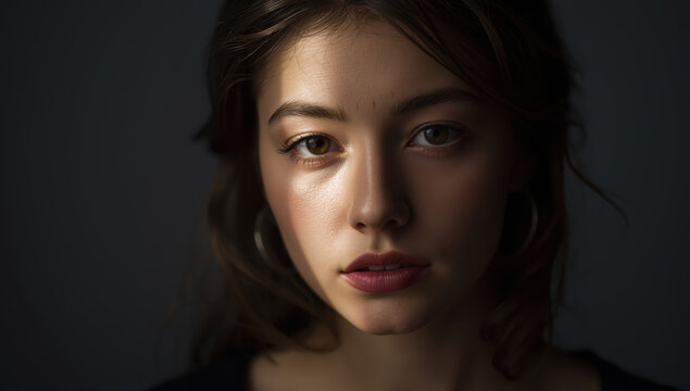 Young woman portrait with soft directional key light highlighting skin and contemplative