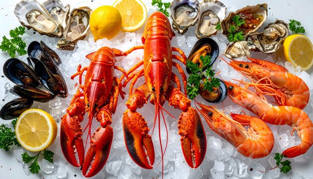 Abundant seafood platter lobster shrimp mussels oysters and lemon on ice
