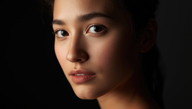 Soft portrait of young woman with smooth skin and directional soft key light
