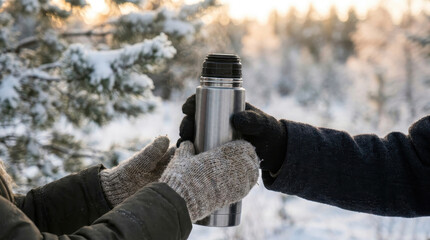 Fototapeta premium Two people sharing a hot drink from a thermos in a snowy winter forest landscape.