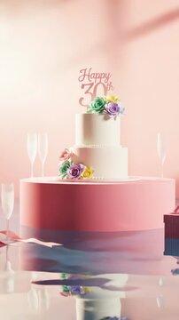 Elegant Three-Tiered Birthday Cake with Floral Decorations and Happy 70th Topper.