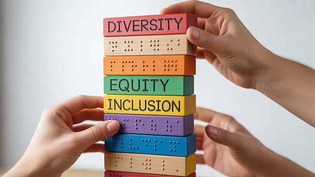 Hands stacking colorful blocks with diversity equity inclusion symbolizing growth and future success