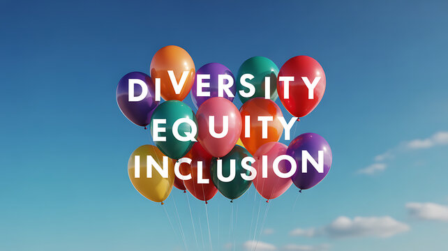 Colorful balloons with diversity equity inclusion text emphasizing speed, motion, and dynamic energy