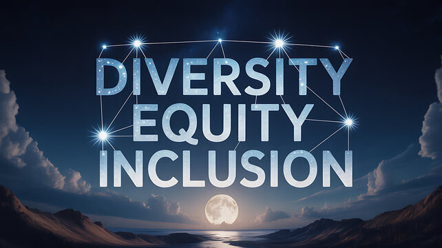 Diversity Equity Inclusion text over night landscape emphasizing precision, focus, and dedication