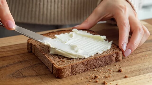 Close up of woman spreading white cream cheese on dark rye toast with a knife on a wooden board during breakfast preparation.