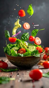 Fresh salad ingredients in mid air a vibrant and healthy food composition