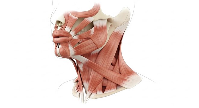Detailed anatomical illustration of human neck and facial muscles.