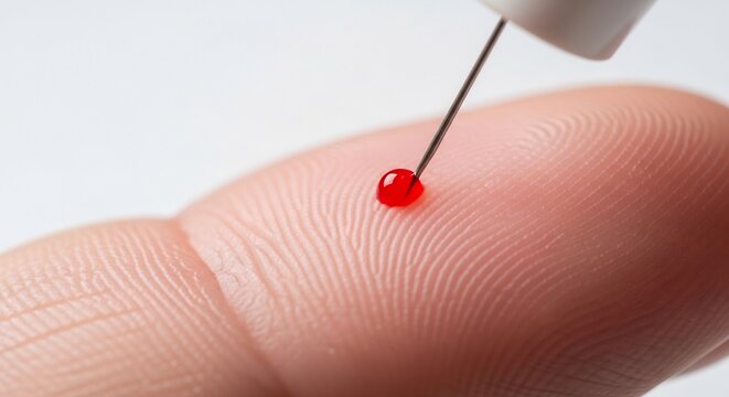 Close-up of a blood drop on a fingertip with a needle collecting sample.