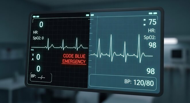 Close-up of a medical monitor displaying vital signs and ECG readings.