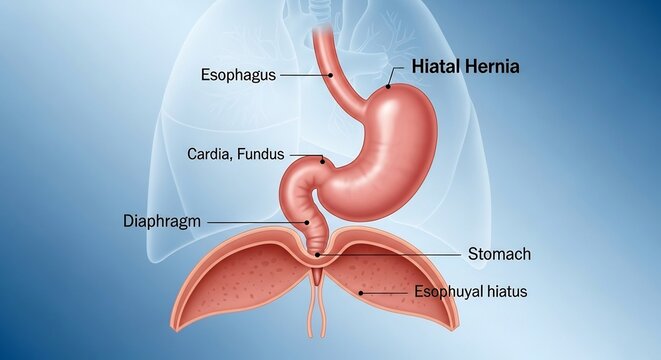 Anatomical illustration of a hiatal hernia affecting the stomach and diaphragm.