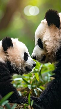 Adorable Giant Panda Mother and Cub Sharing a Tender Moment in Lush Bamboo Forest.