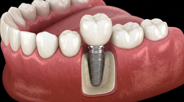 Ilustraci&oacute;n 3D de Implante Dental Integrado en Enc&iacute;a y Hueso Maxilar