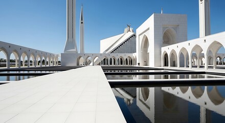 Fototapeta premium Modern Mosque Architecture Reflecting in Water Courtyard Under Clear Blue Sky