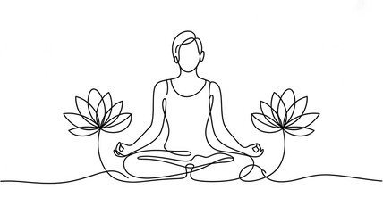 Obraz premium premium Continuous line drawing of a woman in yoga meditation lotus pose with lotus flowers, isolated on white background background