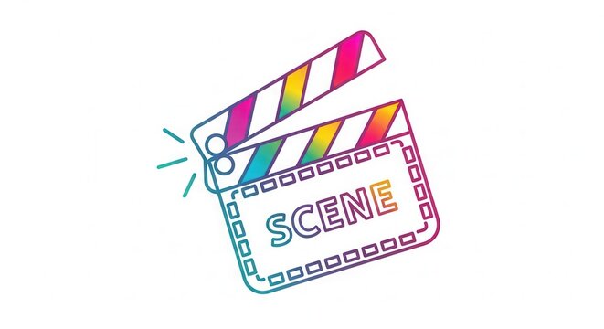 Colorful Movie Clapperboard with Scene Text and Rainbow Stripes, Film Production Icon