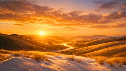 Fototapeta premium Golden Sunset Over Rolling Hills Landscape with River Valley