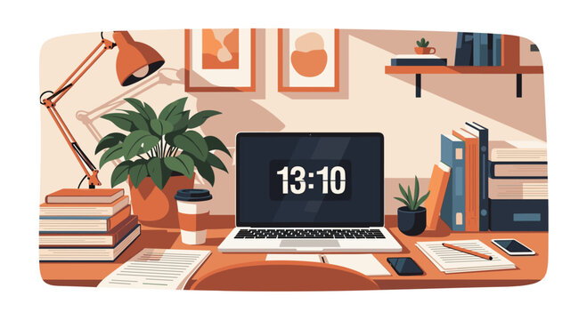 Organized home office desk with a laptop displaying a digital clock books a green plant and a cup of hot coffee.