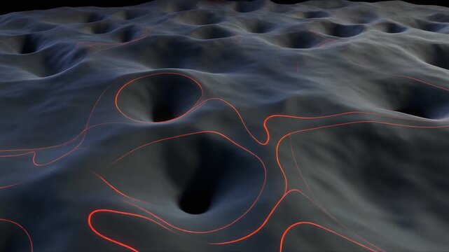 Abstract digital landscape with pulsating orange lines flowing through dark wavy terrain, featuring circular depressions, representing abstract