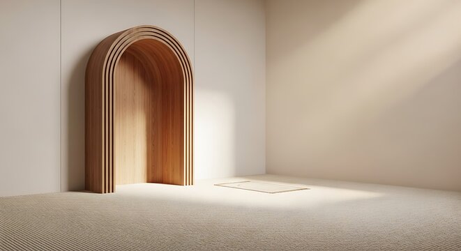 Minimalist Islamic prayer room interior with arched wooden mihrab and soft natural light creating a serene and spiritual atmosphere