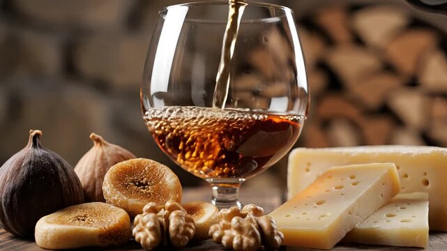 Amber Brandy Pouring into Snifter Glass with Cheese and Nuts.
