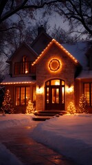 Fototapeta premium Winter Glow: Festive Holiday Home Exterior with Christmas Lights and Snow