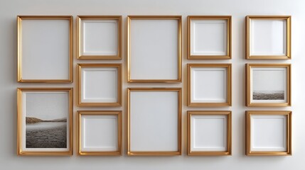 Fototapeta premium Nine blank golden picture frames with thin wooden edges on a clean white wall, minimalist design, simple modern interior, isolated background, elegant empty frames for creative display or mockup.