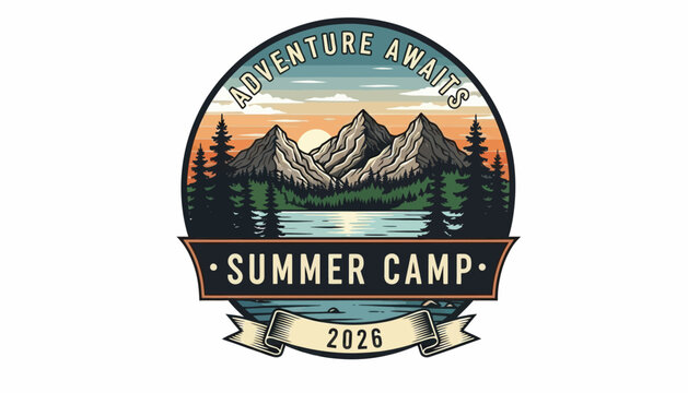 Summer camp adventure logo with mountains.