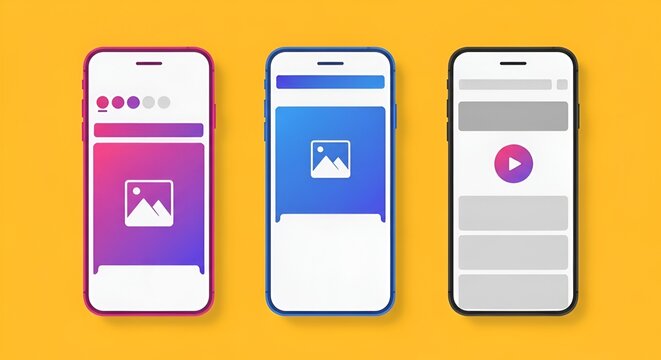Mobile App UI Design Mockups - Three Screens on Yellow Background