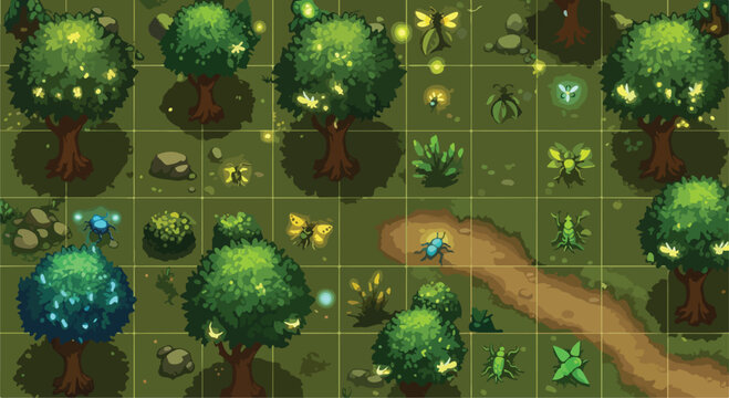 Pixel art forest game map, top-down tactical RPG battle grid with trees and glowing fireflies, fantasy woodland environment vector background